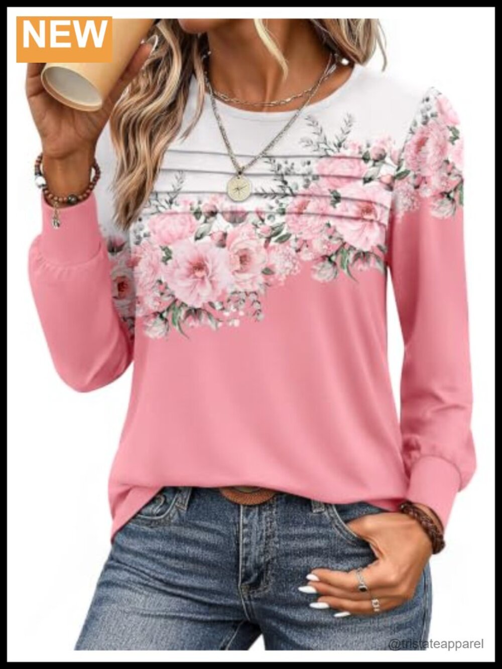 Women's Pleated Tunic Top Long Sleeve Crewneck Blouse Flowy Casual Fall